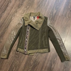 Desigual Womens Jacket. Asymmetrical zip moto jacket. Olive green w/layered mesh